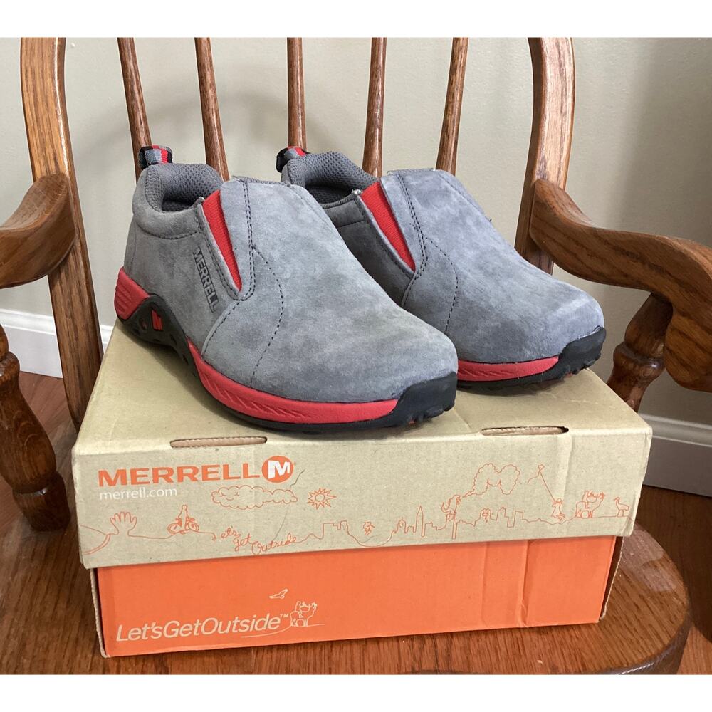 Merrell Jungle Moc Slip-On Shoes Grey Red Suede Size 13 Youth/kids NWOT